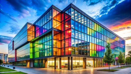 Vibrant multicolored windows adorn the sleek modern office building facade, a beacon of innovation and cutting-edge technology 