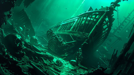 Wall Mural - A sunken shipwreck deep underwater with skeletal remains and ghostly apparitions of the drowned crew. Bioluminescent creatures and eerie greenish-blue lighting create a haunting underwater scene. Aqua