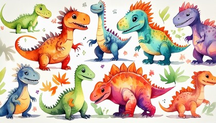 Wall Mural - A handpainted watercolor set featuring various little dinosaurs, showcasing unique and playful designs, perfectly isolated on white