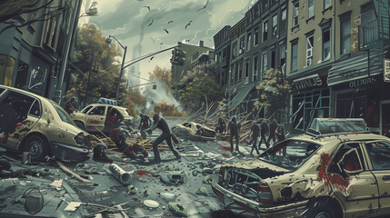A post-apocalyptic city street overrun by zombies, with abandoned cars, crumbling buildings, and debris scattered everywhere. Survivors are seen fighting off the undead in a desperate struggle. Horror