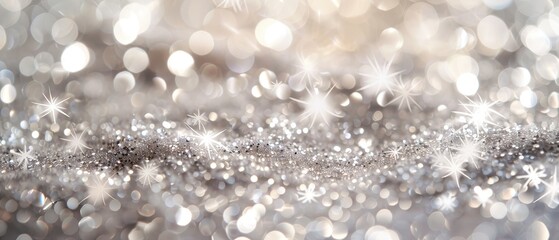 Abstract shimmering silver bokeh background with sparkling highlights and blurred lights, perfect for festive and elegant designs.