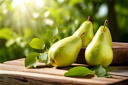 Juicy fresh pears on an old wooden board. Juicy ripe pears in a sunny garden. Harvesting. Garden fruits
