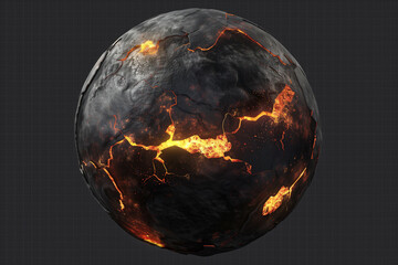 a spherical object resembling a planet featuring cracked black surfaces with glowing molten lava, se