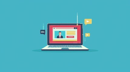 Modern laptop with a portrait of a person on the screen and various icons technology, business, communication concept
