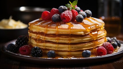 Wall Mural - Close-Up of pile of pancakes with melted sweet syrup and fruit toppings with a blurred background