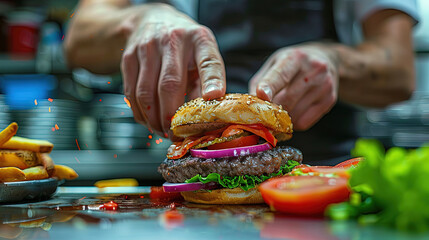 Wall Mural - Meticulous Mastery, Crafting the Perfect Burger Stack