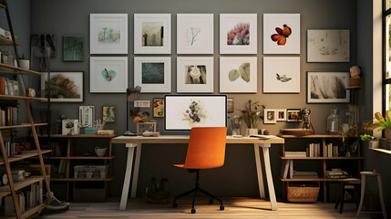 Wall Mural - Art-inspired home workspace with a gallery wall