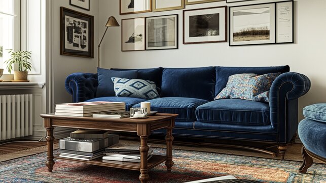 a cozy living room with a deep blue velvet sofa, a wooden coffee table with a stack of books, a patt