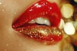 © Mr. Bolota - Sophisticated Shine: A Woman's Lips Adorned with Red Lipstick, Gloss, and Gold Glitter, Capturing the Essence of Glamorous Beauty.