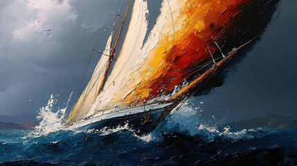Wall Mural - sailing boat in the sea minimal artistic oil painting