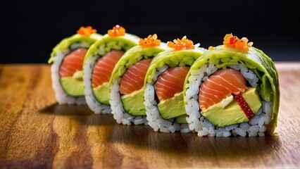 Wall Mural - Minimalist Elegance - Trio Sushi Rolls featuring Salmon, Avocado, and Cucumber