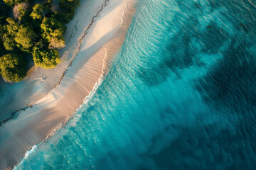 Aerial view of a tropical beach landscape photographed by a drone, presenting a beautiful island scene with pristine beaches and ocean, excellent for wallpapers