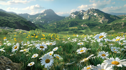 Wall Mural - a field of white daisies and yellow flowers, generative ai