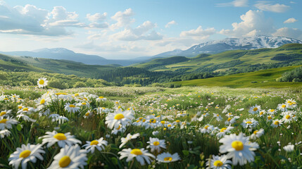 Wall Mural - a field of white daisies and yellow flowers, generative AI