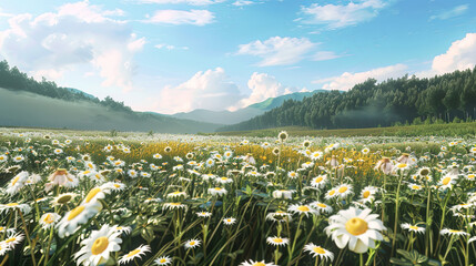 Wall Mural - a field of white daisies and yellow flowers, generative ai