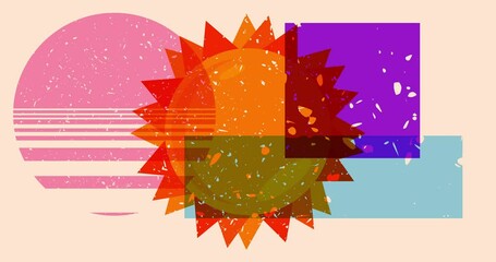 Wall Mural - Risograph Summer Sun with geometric shapes animation. Moving object in trendy riso graph design video.