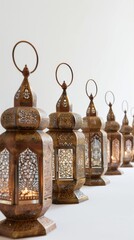 Poster - Elegant Islamic lanterns arranged in a row against a white background, adding warmth and ambiance to any space.