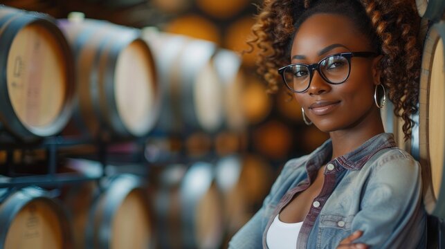 Confident African American woman in glasses leaning against wine barrels in a cellar
