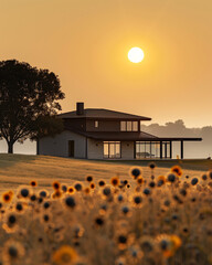 Sticker - there is a field of sunflowers in front of a house