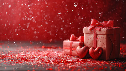 Poster - Red Gift Box with Ribbon and Bow on a Red Background extreme closeup. Generative AI