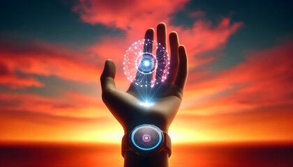 Wall Mural - a hand holding a glowing, holographic globe with interconnected nodes against a vibrant sunset.