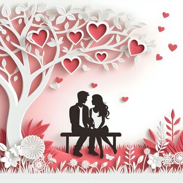 Happy Valentine's Day banner with Two lovers under tree, copy space, greeting card.Paper cut art style.