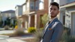 © Distinctive Images - **Confident Young Man in Stylish Suit Standing Outside Luxurious Suburban Home**