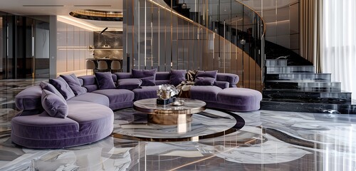 Wall Mural - Luxurious living room with a plush purple sectional, a circular marble coffee table, and reflective marble floors. The staircase has sleek black balusters.