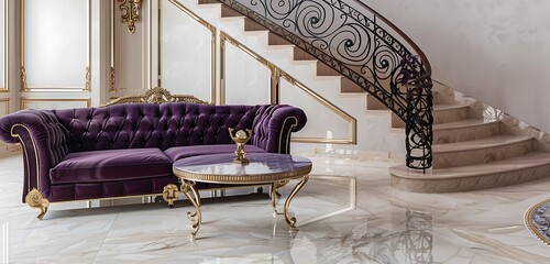 Wall Mural - Luxurious living room with a royal purple velvet sofa, a gold-trimmed marble table, and light marble floors. The staircase has elegant wrought iron railings.