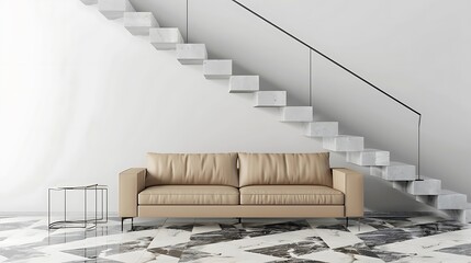 Wall Mural - Minimalist living room with a beige leather sofa, a geometric marble floor, and a floating staircase with no railings.