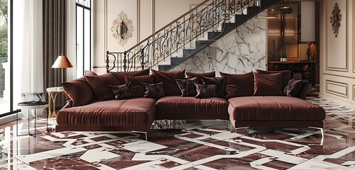 Wall Mural - Modern living room with a burgundy sofa, a patterned marble floor, and a staircase with intricate iron railings.