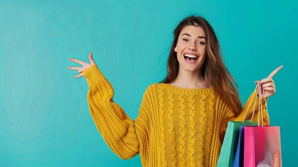 Poster - A woman in a yellow knit sweater stands against a turquoise background, excitedly presenting empty space, showcasing a fantastic sale. Generative AI