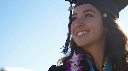 Wall Mural - Smiling graduate in cap and gown with a floral lei around her neck, looking up against a clear blue sky.