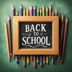 Wall Mural - Vibrant Back to School chalkboard sign with colorful pencils, celebrating new school year

