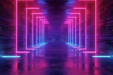 Wall Mural - Futuristic Sci-Fi Modern Empty Stage Reflective Concrete Room With Purple And Blue Glowing Neon Tubes Shape Empty Space Wallpaper Background 3D Rendering Illustration