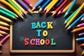 Wall Mural - Vibrant Back to School chalkboard sign with colorful pencils, celebrating new school year

