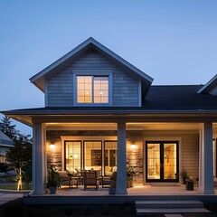 Wall Mural - The front facade of a suburban house at dusk, focusing on the interplay of light and shadow and the tranquil atmosphere.