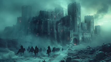 A captivating digital artwork depicting a medieval castle under siege, with smoke, fire, and soldiers approaching.  themes related to fantasy, history, and epic battles.