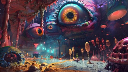 Poster - A colorful, surreal space with a large eye in the center. The eye is surrounded by a variety of strange and colorful object