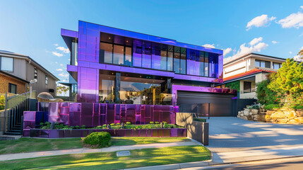 Wall Mural - Violet contemporary house with an artistic facade and a modern landscape design, in a vibrant suburb.