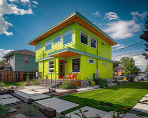 Wall Mural - Vivid lime green house with playful design elements and a family-friendly yard, in a lively suburban neighborhood.