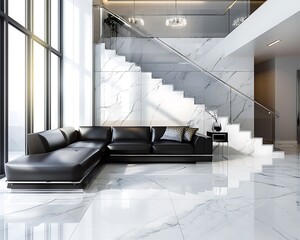 Wall Mural - Modern living room with a sleek black leather sofa, a high-gloss white marble floor, and a contemporary staircase with chrome accents.