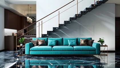 Wall Mural - Modern living room with a turquoise sofa, a minimalistic decor, and a dark marble floor. The staircase has a simple, elegant metal railing.