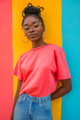 Wall Mural - A woman in a red shirt and blue jeans stands in front of a yellow