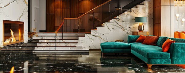 Wall Mural - Modern living room with a vibrant teal sofa, a wall-mounted fireplace, and dark marble floors. The staircase is elegantly designed with white risers and wooden treads.