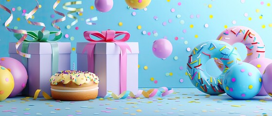 Colorful party scene with gift boxes, donuts, balloons, and confetti on a light blue background, perfect for celebrations and festive events.