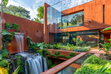 Sticker - Modern luxury suburban house with clay red walls and prismatic glass panels, featuring a garden with a cascading waterfall.