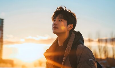 Wall Mural - Handsome Korean man on sky background at sunset, Generative AI