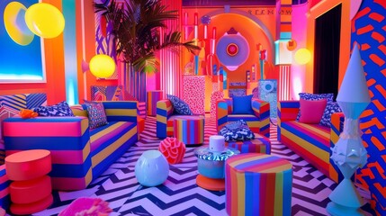 Vibrant party setup arranged in a playful and energetic pattern