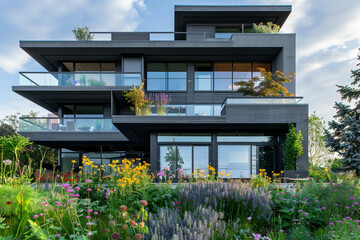 Wall Mural - Modern luxury suburban house with charcoal gray walls and expansive glass balconies, highlighted by a garden with a variety of wildflowers.